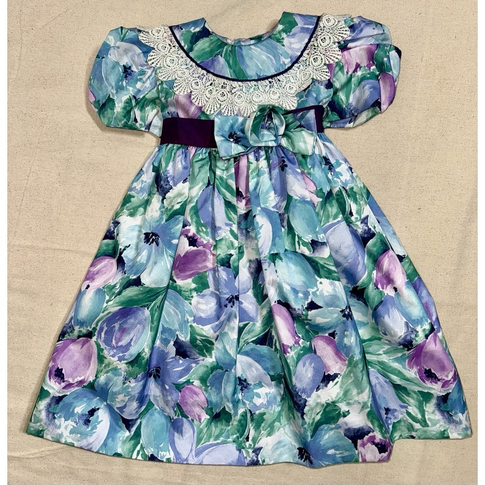 Vtg 90s Girls CI Castro Floral Print Party Dress Puff Sleeve Size 2 2T Flower